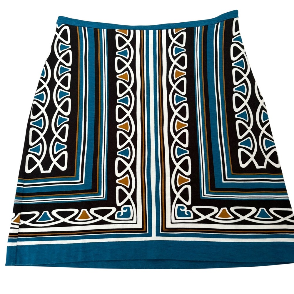 Ann Taylor Loft Teal Blue Geometric Border Print Jersey Mini Skirt Size 0 Office